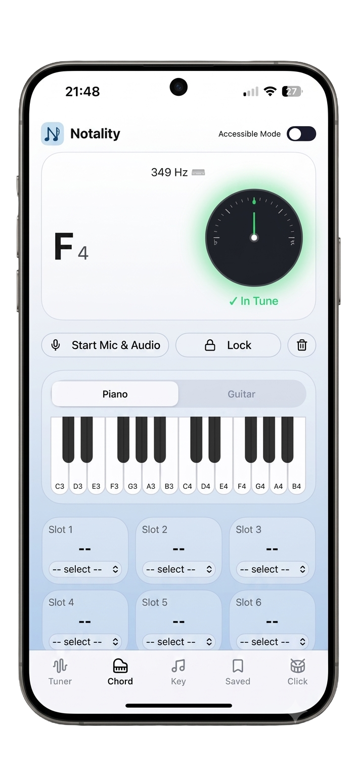 Notality music theory app on iPhone showing chromatic tuner with F4 note in tune, chord builder, and piano keyboard